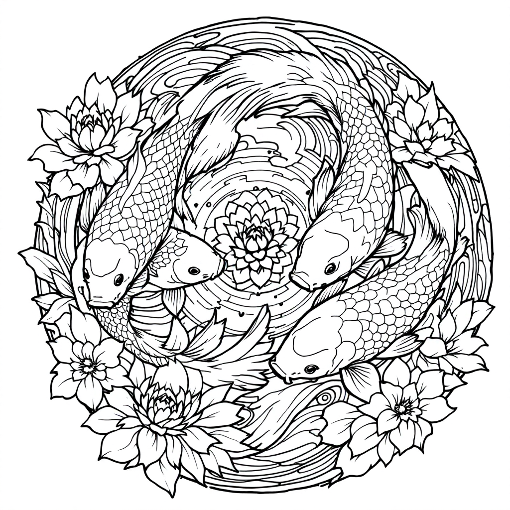 Mandala Coloring: Koi Fish Circle